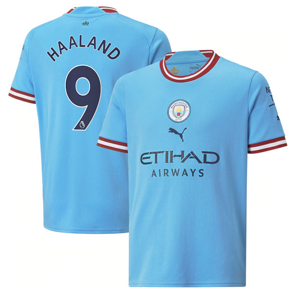 Youth Manchester City #9 Erling Haaland 2022/23 Light Blue Home Soccer Jersey Youth Manchester City #9 Erling Haaland 2022/23 Light Blue Home Soccer Jersey